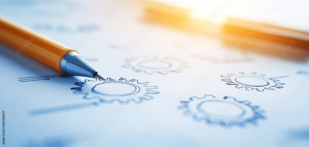 Close-up of a mechanical pencil and orange pen resting on technical drawings featuring gear schematics, symbolizing engineering and design. Close-up of a mechanical pencil and orange pen resting on technical drawings featuring gear schematics, symbolizing engineering and design.