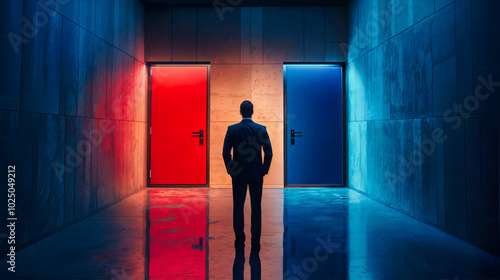 At the end of a corridor stands a businessman who has to decide which of two doors he should take, blue or red, also as a symbol for the democratic and republican parties in the US elections