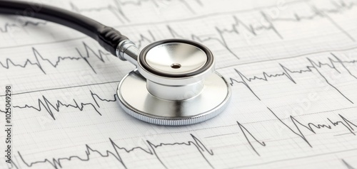 Close-up of a stethoscope resting on an electrocardiogram with heart rate graphs, symbolizing medical examination and heart health monitoring.