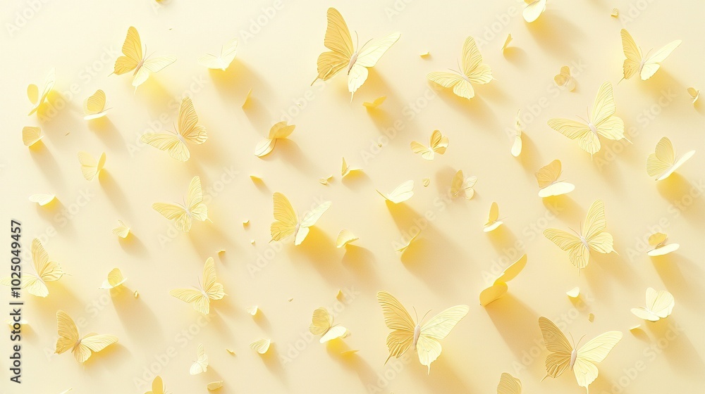 Obraz premium A group of yellow butterflies flying in a yellow sky with a shadow on the left