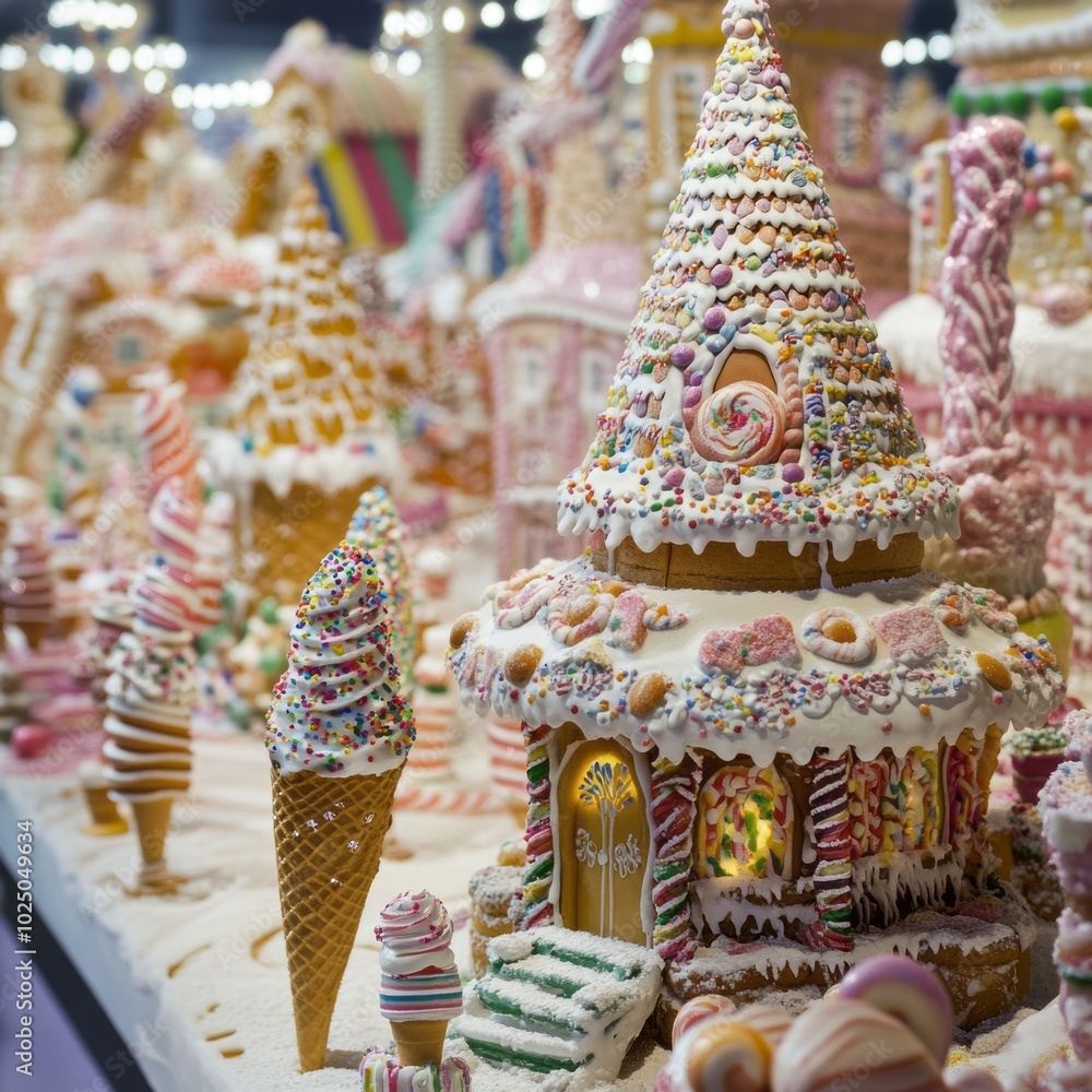 Naklejka premium Candy Coated Kingdom Gingerbread Houses Ice Cream Cones