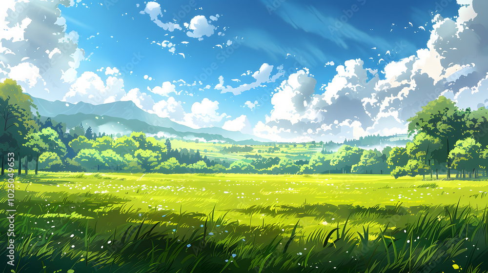 Fototapeta premium Vibrant Fresh Green Grassland Under Clear Sky – Nature Landscape Background.