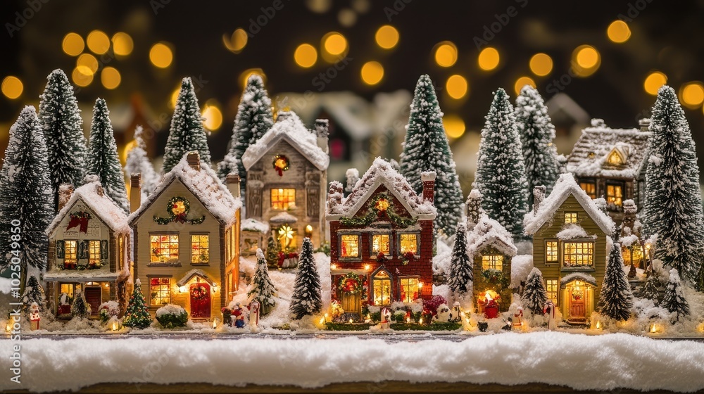 Fototapeta premium Snowy Christmas Village at Night with Twinkling Lights