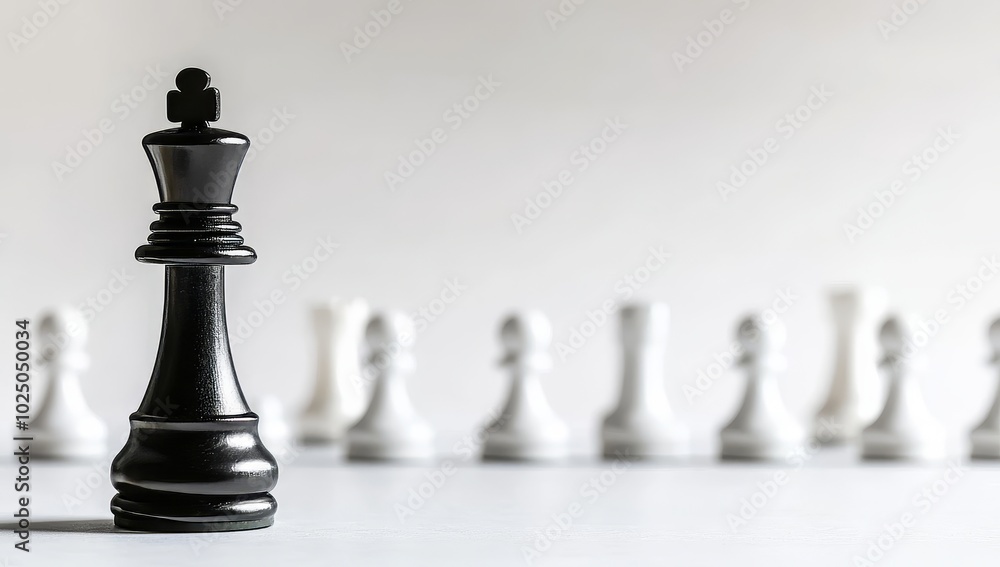 A solitary black king chess piece stands defiantly before a wall of white pawns on a strategic battlefield of the board game A solitary black king chess piece stands defiantly before a wall of white pawns on a strategic battlefield of the board game