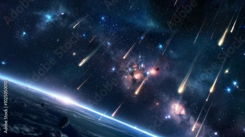 Spectacular meteor shower above Earth's horizon, with streaks of light from shooting stars crossing a vibrant, star-filled night sky, illuminating the cosmos.