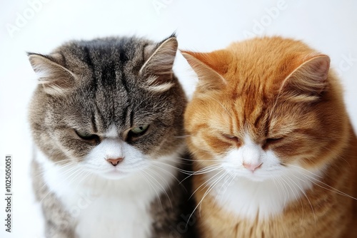 A pair of contemplative cats leaning together photo