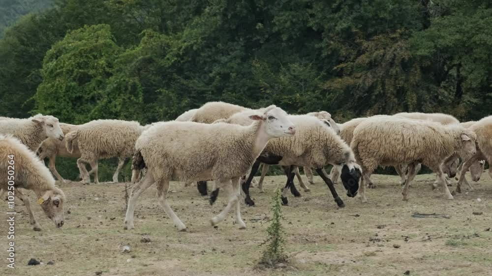 Sheep are grazing at the edge of the forest Sheep are grazing at the edge of the forest