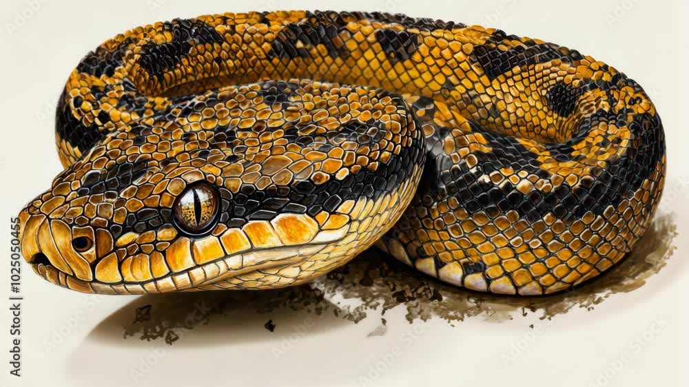 A yellow and black snake with a distinct pattern rests on a white background A yellow and black snake with a distinct pattern rests on a white background