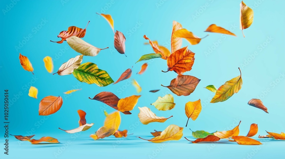 Beautiful bright colorful autumn leaves falling in the air isolated on blue background. Zero gravity or levitation autumn conception. High resolution image.
Beautiful bright colorful autumn leaves falling in the air isolated on blue background. Zero gravity or levitation autumn conception. High resolution image.