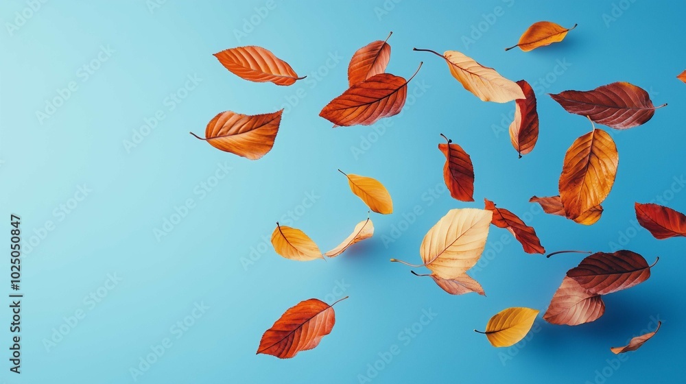 Beautiful bright colorful autumn leaves falling in the air isolated on blue background. Zero gravity or levitation autumn conception. High resolution image.
Beautiful bright colorful autumn leaves falling in the air isolated on blue background. Zero gravity or levitation autumn conception. High resolution image.