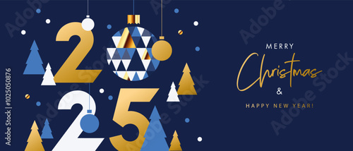 Merry Christmas and Happy New Year banner, greeting card, poster, holiday cover. Modern Xmas design in geometric style with triangle pattern, Christmas tree, ball, snow and 2025 number on night blue 