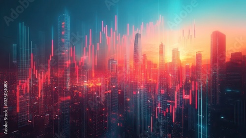 Futuristic cityscape with digital charts overlay, representing financial growth and data analysis at sunset.