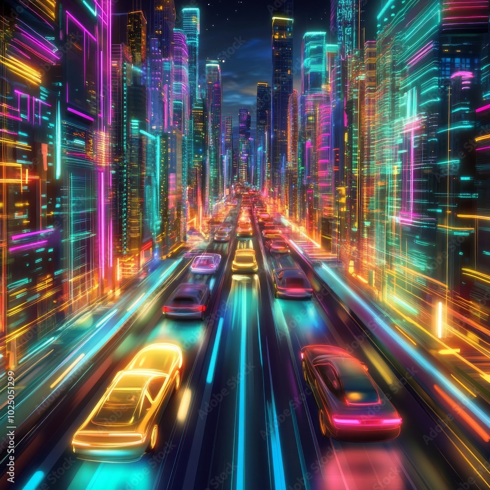 Neon Cityscapes Futuristic Flying Cars in Cartoon Vector Art Neon Cityscapes Futuristic Flying Cars in Cartoon Vector Art
