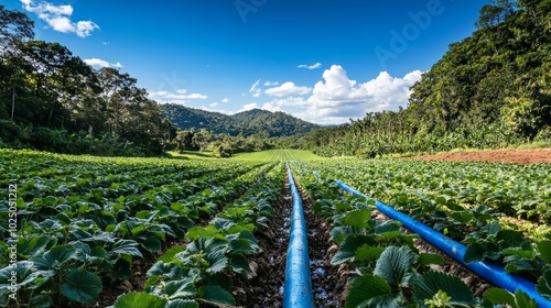 A blue irrigation pipe runs through rows of green plants in a field, with a lush green valley and blue sky in the distance. photo