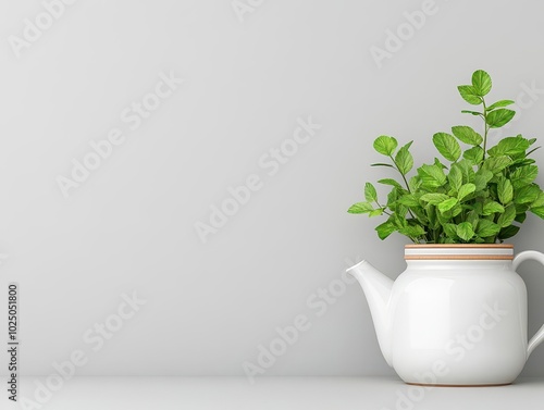 A white kettle with lush green foliage on a minimalist background, adding a touch of nature indoors.