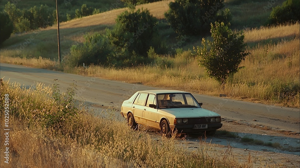 Abandoned Fire-Damaged Car on Desolate Highway at Sunset - Overgrown Weeds Enveloping a Forgotten Vehicle in a Dramatic Landscape Abandoned Fire-Damaged Car on Desolate Highway at Sunset - Overgrown Weeds Enveloping a Forgotten Vehicle in a Dramatic Landscape