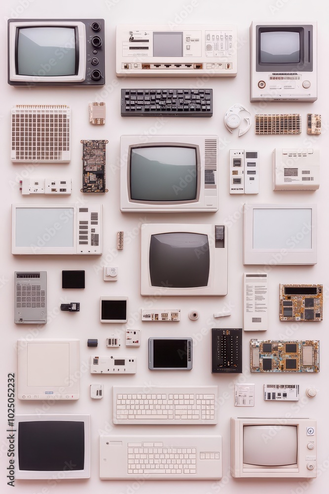 Collection of retro computers and accessories on white isolate background. Collection of retro computers and accessories on white isolate background.