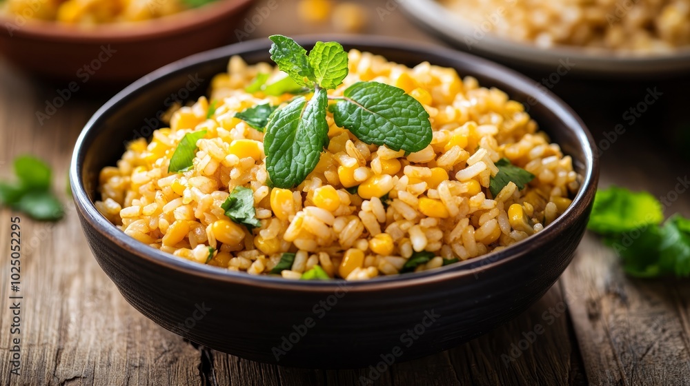 A bowl of corn and rice risotto with fresh mint leaves on a wooden table. A bowl of corn and rice risotto with fresh mint leaves on a wooden table.