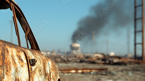 Rusted Fire-Damaged Car Frame in Scrapyard - Remnants of Destruction with Dark Smoke Rising in the Distance Evoking a Sense of Loss and Chaos photo