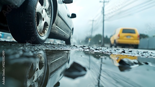 Fire-Damaged Car on Rainy Day - Somber Atmosphere with Dark Clouds and Reflections on Wet Asphalt Evoking Emotion and Reflection photo