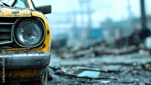 Urban Exploration Twisted Fire-Damaged Car in Gritty Industrial Zone - Captivating Scene of Decay and Adventure photo