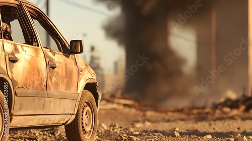 Urban Decay Fire-Damaged Car Under Bridge - Mysterious Graffiti Art and Smoke Trails in a Hidden Spot photo