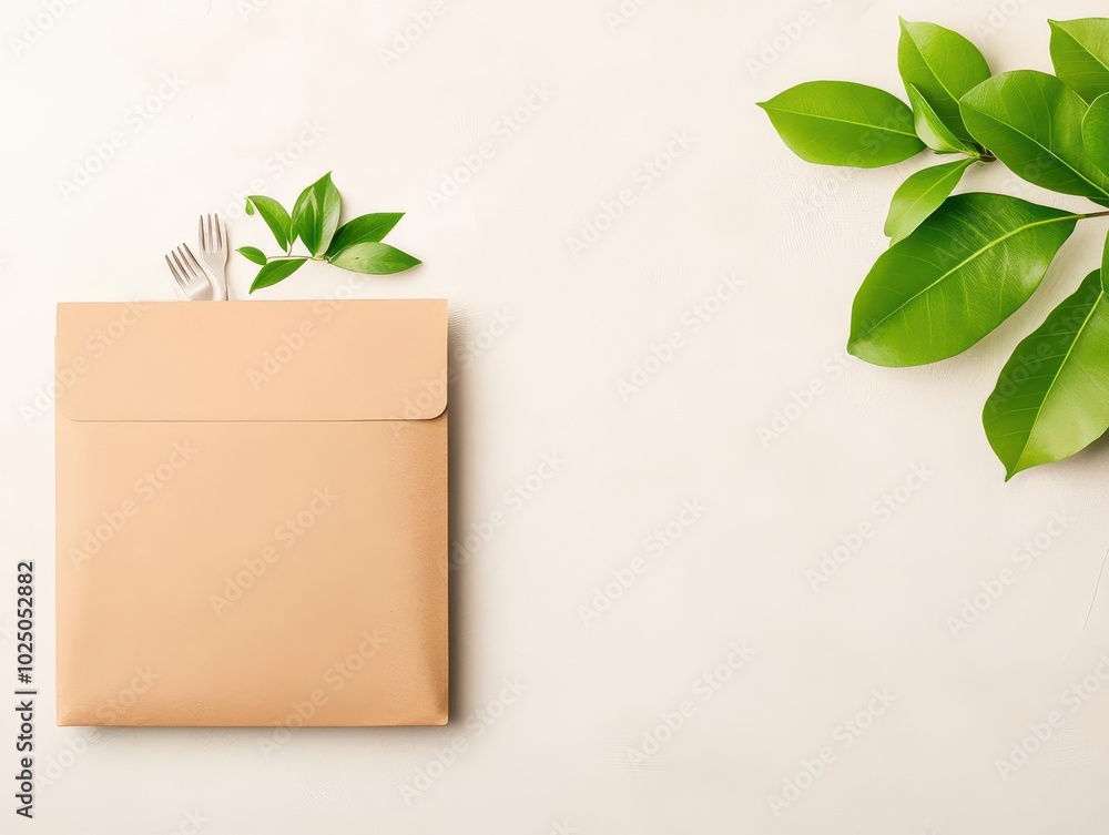 Eco-friendly envelope with green leaves and cutlery on light background. Eco-friendly envelope with green leaves and cutlery on light background.