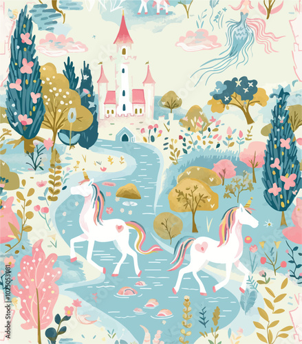 A seamless pattern featuring whimsical unicorns, castles, and enchanted forests in pastel colors. Perfect for children's illustrations, nursery decor, or fantasy-themed designs. The scene includes mag