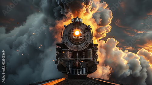 Old locomotive is approaching fast engulfed in flames, billowing smoke and fire coming from the top of its engine. dramatic lighting and a sense of chaos and power. for action-packed movie poster