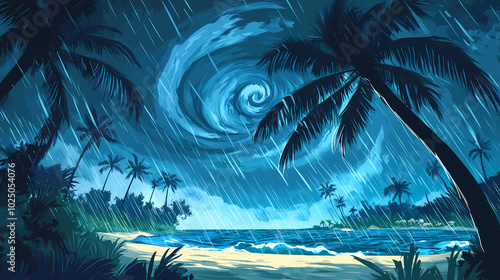 A cyclone spins ferociously above a tropical island, bending palm trees and pouring rain. Tropical Rainstorm. Illustration photo