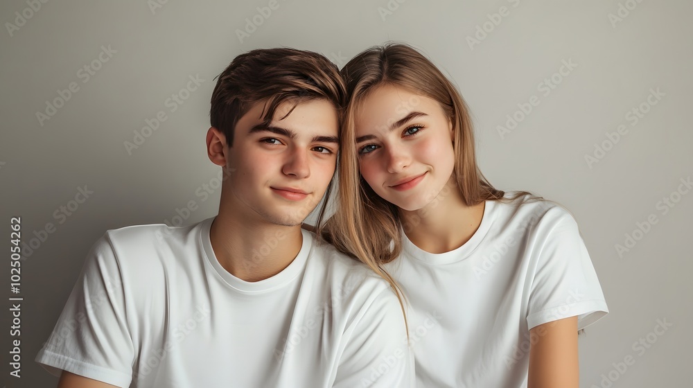 2. A young American couple sitting close together on the floor, wearing matching white t-shirts, with a soft gray backdrop creating a cozy atmosphere 2. A young American couple sitting close together on the floor, wearing matching white t-shirts, with a soft gray backdrop creating a cozy atmosphere