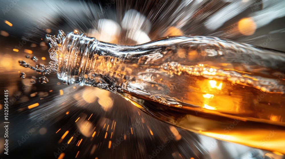 A high-speed shot of a glass bottle being dropped, with motion blur and light reflections capturing the motion just before impact A high-speed shot of a glass bottle being dropped, with motion blur and light reflections capturing the motion just before impact