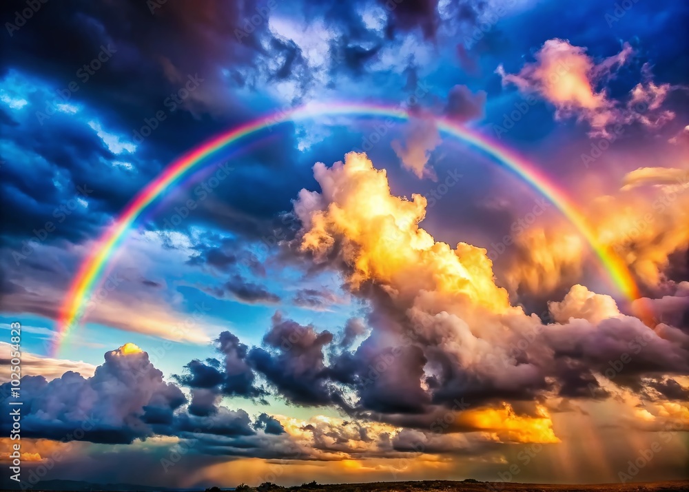 Beautiful Summer Sky with Fluffy Clouds and Vibrant Rainbow Panoramic View Perfect for Messages and Backgrounds Beautiful Summer Sky with Fluffy Clouds and Vibrant Rainbow Panoramic View Perfect for Messages and Backgrounds