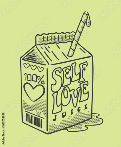 Illustration in light and casual lines of a self-love juice box. Art for decoration, cards, prints, etc.