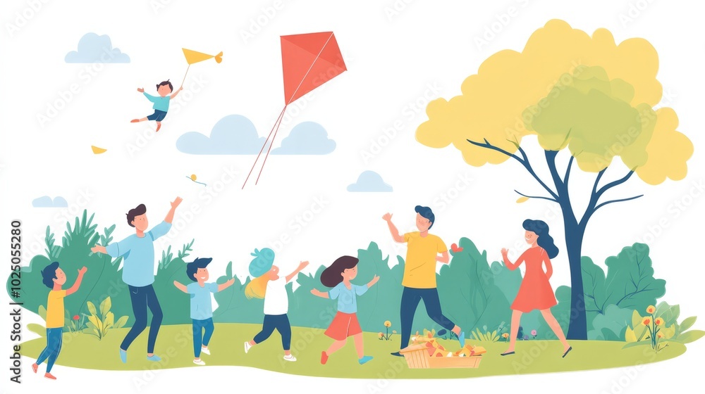 Fototapeta premium Family Fun in the Park: A vibrant illustration of a happy family enjoying a sunny day in the park, flying a kite and playing together. Perfect for family blogs, children's books.