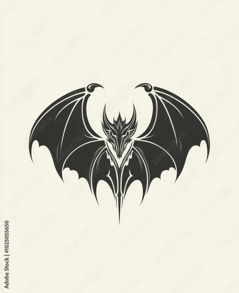 A simple line art of the silhouette of bat wings with a dragon head on top A simple line art of the silhouette of bat wings with a dragon head on top