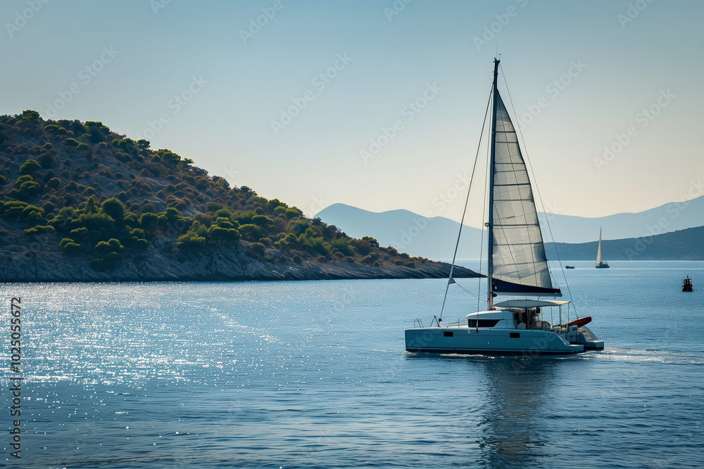 A catamaran sails near the coast as sunlight sparkles on the ocean's surface A catamaran sails near the coast as sunlight sparkles on the ocean's surface