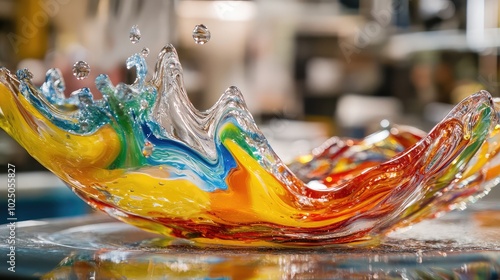 A close-up of a colorful glass piece in the melting process, with vibrant swirls and textures captured as it transforms photo