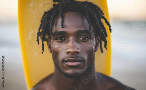 African man standing with surfboard on head on ocean beach. Black surfer posing with surf board. Pretty multiethnic man goes on surfing session on tropical location