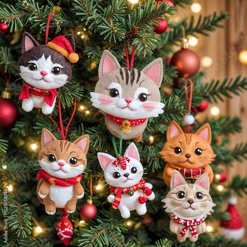 Handmade felt Christmas ornaments in the shape of a cat and dog hanging from a decorated Christmas tree. The ornaments have simple, cute shapes, with sewn-on details like buttons for eyes, colorful sc photo