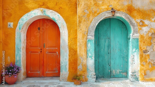 Wallpaper Mural   A pair of red doors sit beside a building, close to a potted plant Torontodigital.ca