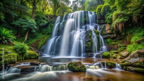 Long exposure of waterfall in forest, asymmetrical composition