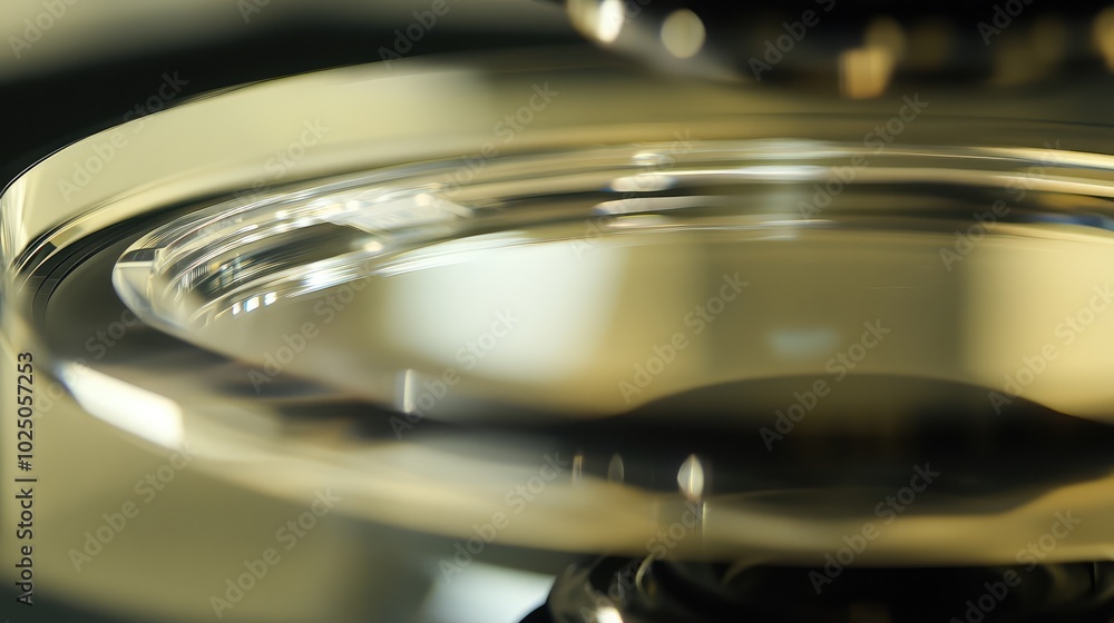 A close-up of a glass microscope lens, capturing the reflections and clarity as it focuses on a sample, highlighting the precision of the equipment A close-up of a glass microscope lens, capturing the reflections and clarity as it focuses on a sample, highlighting the precision of the equipment