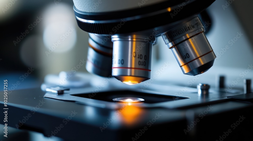 A close-up of a glass microscope lens, capturing the reflections and clarity as it focuses on a sample, highlighting the precision of the equipment A close-up of a glass microscope lens, capturing the reflections and clarity as it focuses on a sample, highlighting the precision of the equipment