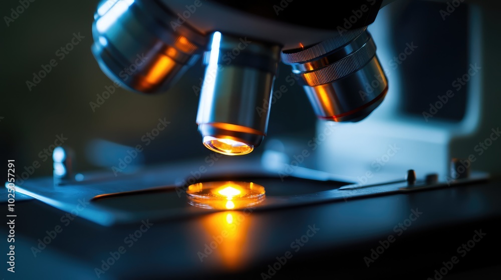 A close-up of a glass microscope lens, capturing the reflections and clarity as it focuses on a sample, highlighting the precision of the equipment A close-up of a glass microscope lens, capturing the reflections and clarity as it focuses on a sample, highlighting the precision of the equipment