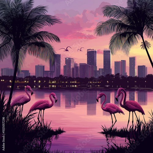 background Miami Vice style, palm trees, pink flamingos, city with buildings, realistic photo