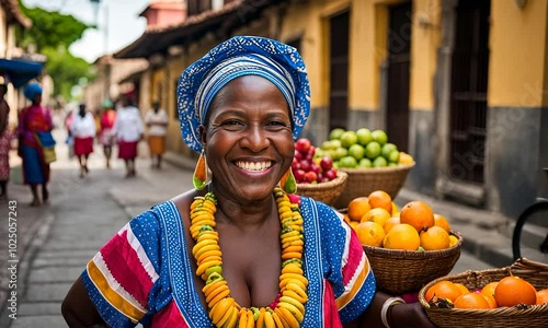 Cheerful fresh fruit street vendor aka Palenquera in the Old Town of Cartagena de Indias, Colombia. Happy, smiling Afro-Colombian woman in traditional clothing, Colombian culture and lifestyle.