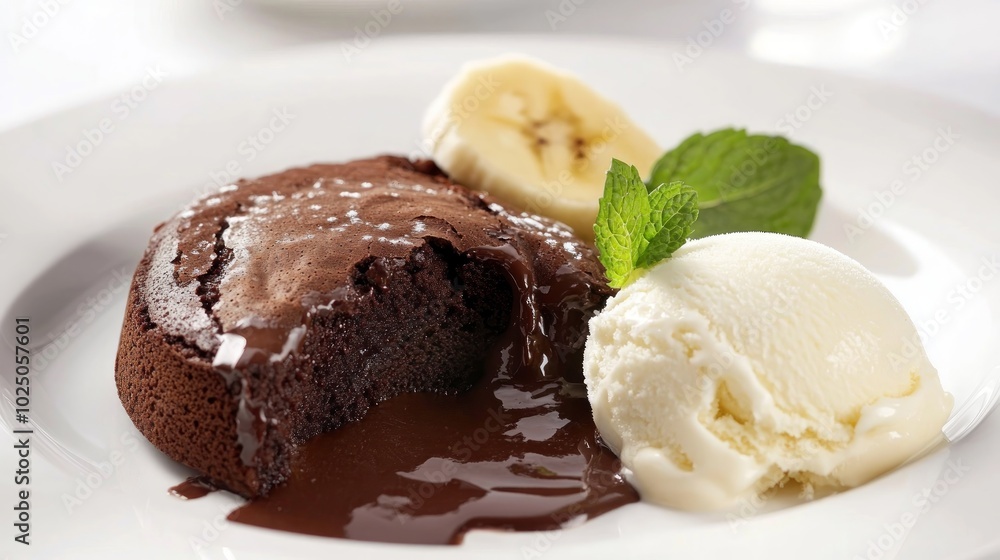 A chocolate lava cake with a scoop of vanilla ice cream and a banana slice on a white plate. A chocolate lava cake with a scoop of vanilla ice cream and a banana slice on a white plate.