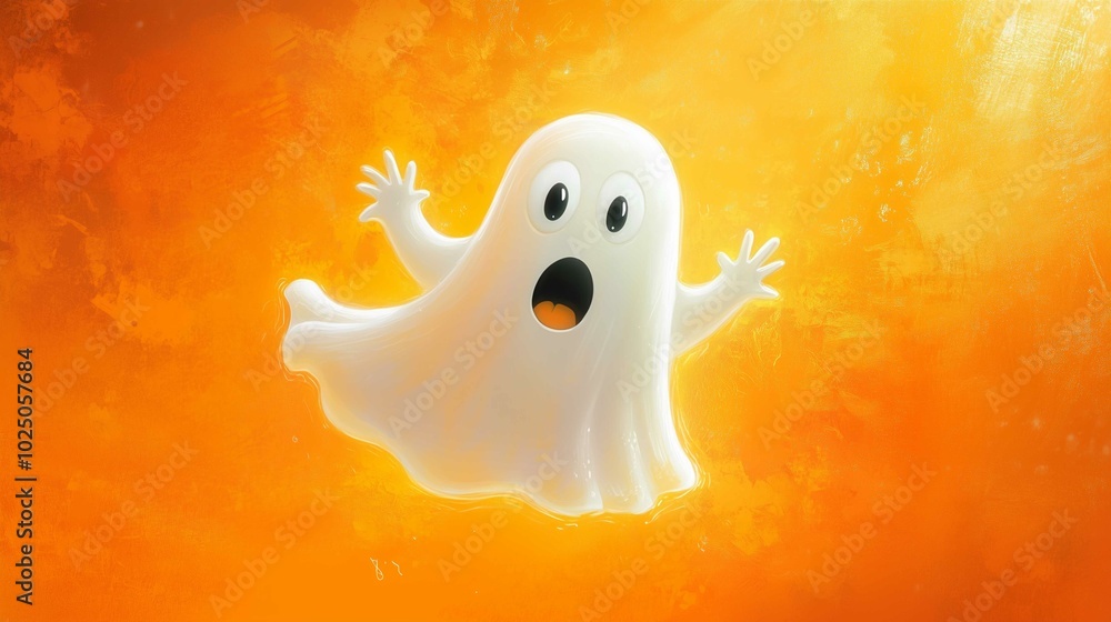 A whimsical, cartoon ghost with a surprised expression floats against a bold orange background, bringing a playful twist to the traditionally spooky figure.
A whimsical, cartoon ghost with a surprised expression floats against a bold orange background, bringing a playful twist to the traditionally spooky figure.