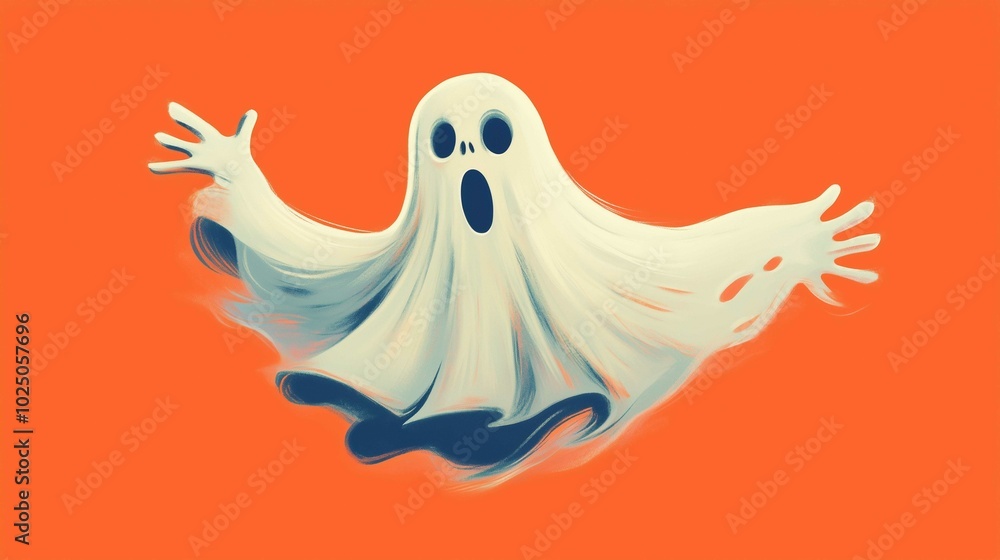 A whimsical, cartoon ghost with a surprised expression floats against a bold orange background, bringing a playful twist to the traditionally spooky figure.
A whimsical, cartoon ghost with a surprised expression floats against a bold orange background, bringing a playful twist to the traditionally spooky figure.